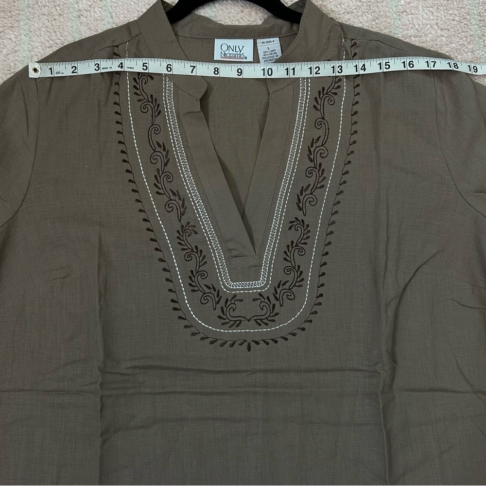 NWOT Only Necessities Taupe Brown Embroidered Tunic Top Linen Blend Size Large - Picture 5 of 10